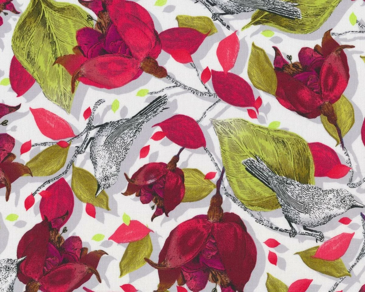 Patchworkstoff BAROQUE GARDEN, Vögel zwischen Blüten, dunkelrot-limette