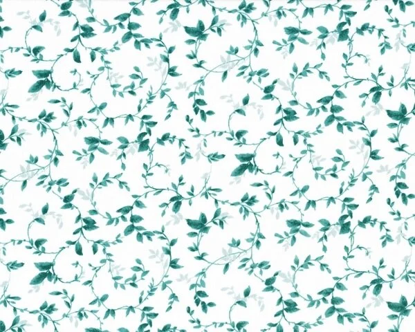 Patchworkstoff "Beautiful Blossoms" mit zarten Blattzweigen-Ranken, gedecktes helles petrol-weiß