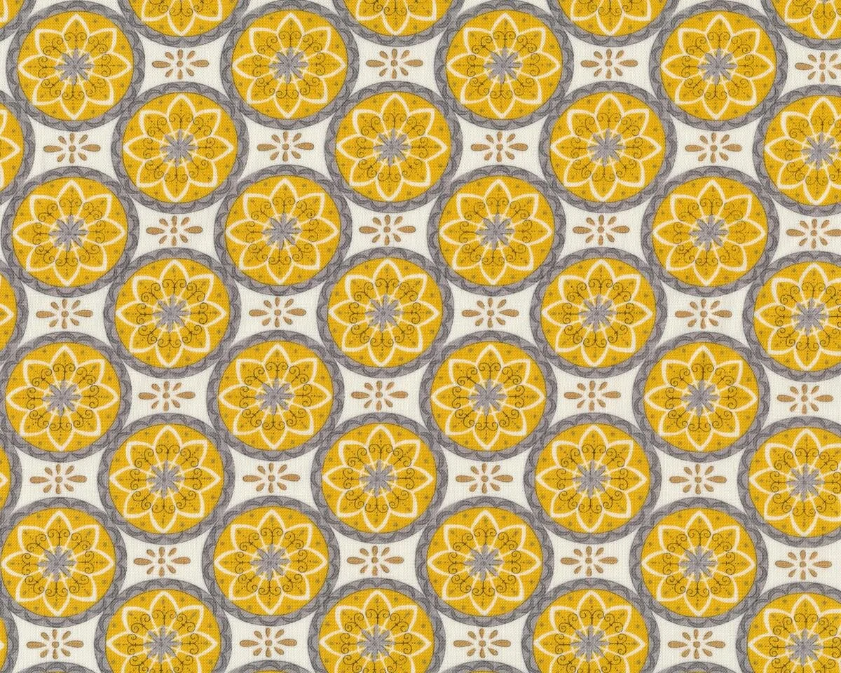 Patchworkstoff BEE CREATIVE, Blumenkreise, maisgelb-grau, Moda Fabrics