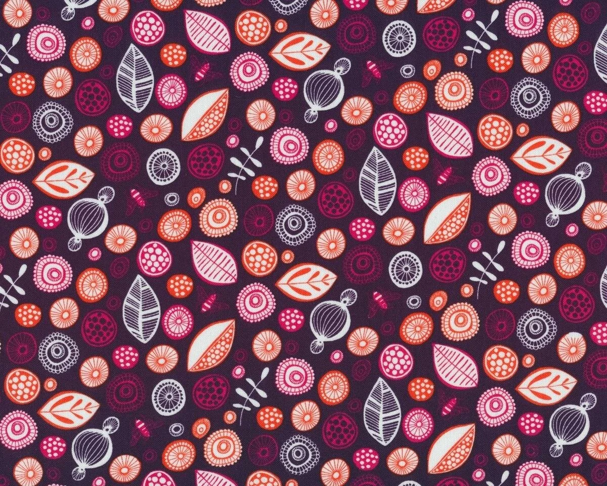 Patchworkstoff BEYOND THE BACKYARD, Blüten, Blätter und Bienen, pflaume-dunkles orange