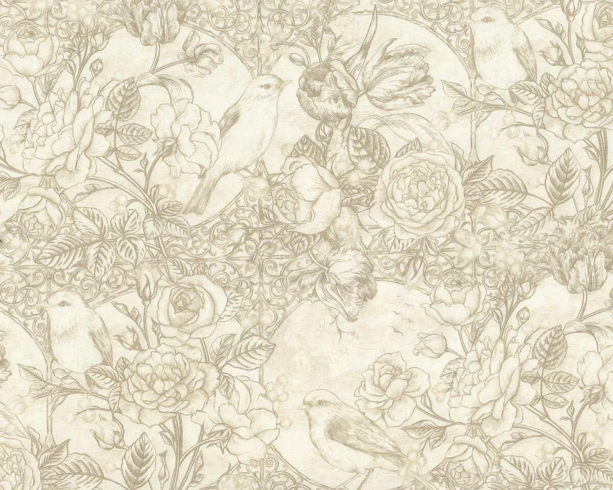 Patchworkstoff BIRD TOILE, Rosenhecke mit Vogel, natur, In The Beginning