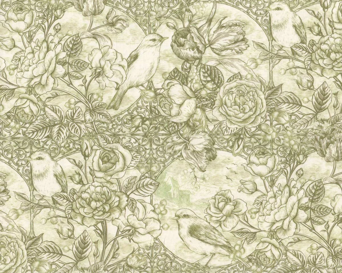 Patchworkstoff BIRD TOILE, Rosenhecke mit Vogel, olivgrün, In The Beginning