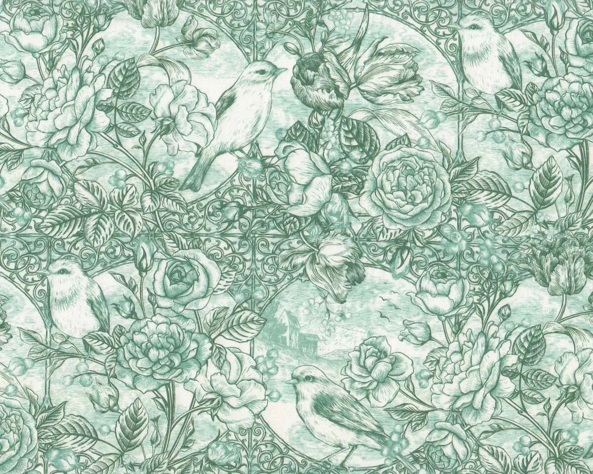Patchworkstoff BIRD TOILE, Rosenhecke mit Vogel, petrolgrün, In The Beginning