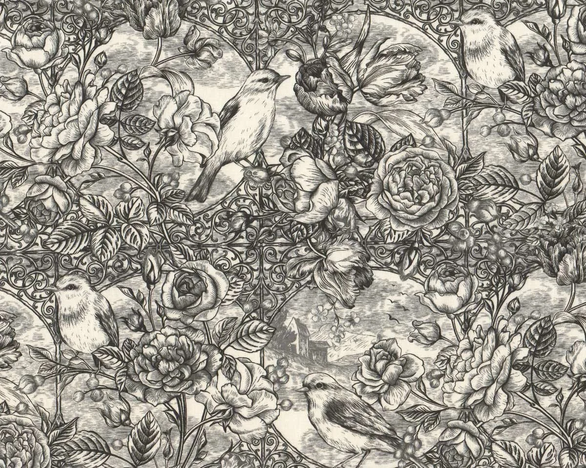 Patchworkstoff BIRD TOILE, Rosenhecke mit Vogel, schwarz, In The Beginning