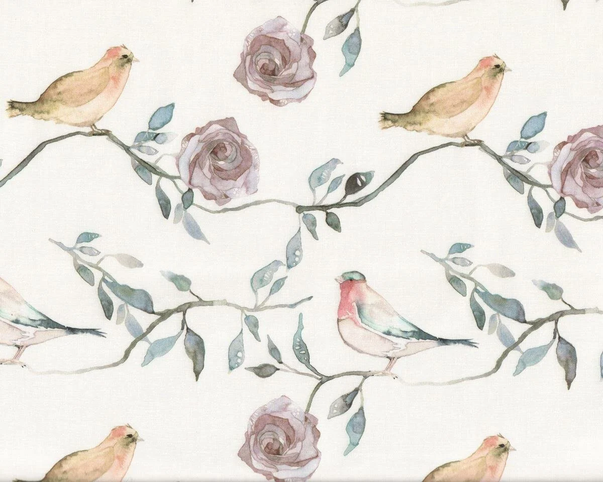 Patchworkstoff BLOOM BEAUTIFUL, Rosenzweig mit Vogel