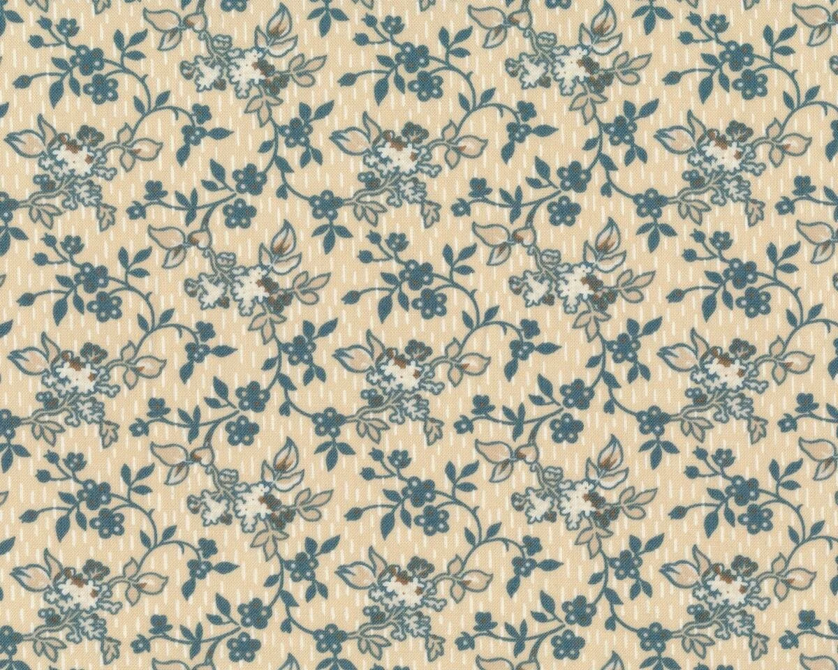 Patchworkstoff BLUE BARN, Blumen-Ranken, sandfarben-türkisgrau, Moda Fabrics