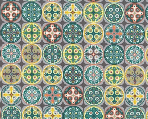 Patchworkstoff "Bryant Park" mit Kreis-Viereck-Ornamenten, petrol-gelb