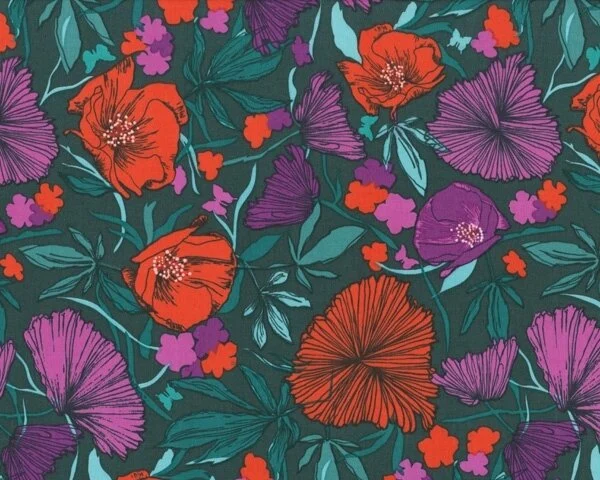 Patchworkstoff "Bryant Park" mit Mohnblumen und Astern, lila-rot