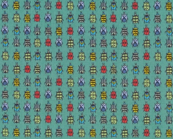 Patchworkstoff BUGS mit Käfern in Reihen, türkisgrün-gelb