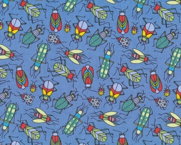Patchworkstoff BUGS mit kleinen Krabbeltieren und Käfern, taubenblau-rot