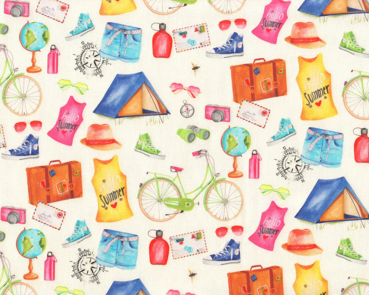 Patchworkstoff CAMPING, Zelt, Koffer, Fahrrad, creme-pink