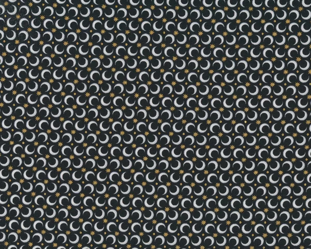 Patchworkstoff CELESTIAL, kleine Mondsicheln, schwarz-gold metallic