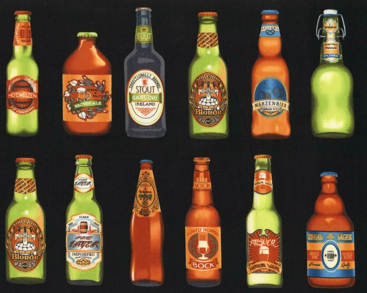 Patchworkstoff CHEERS, Bierspezialitäten, hellgrün-braun-schwarz