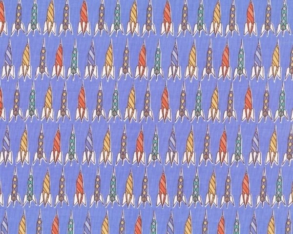 Patchworkstoff "Children at play" mit Raketen, taubenblau