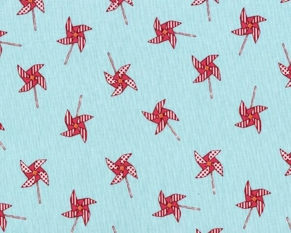 Patchworkstoff "Children at play" mit Windmühlen, helles hellblau-rot