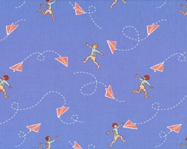 Patchworkstoff "Children at play", spielender Junge mit Papierflieger, taubenblau