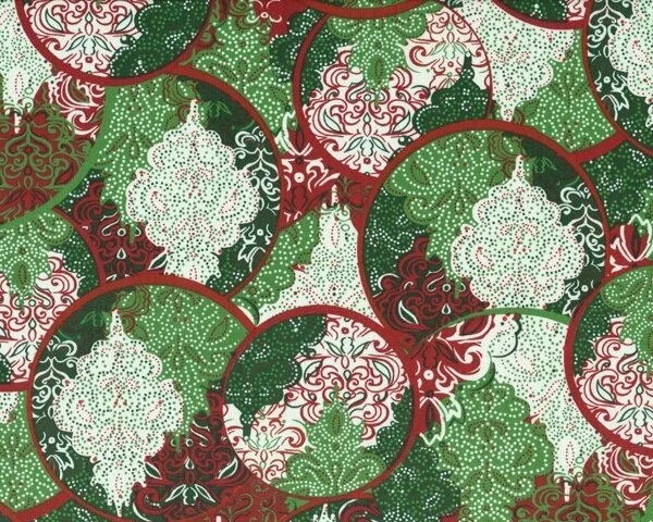 Patchworkstoff "Christmas Baroque Circles" mit großen Ornamentkreisen, rotbraun-grün