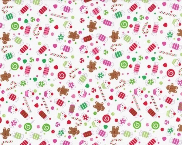 Patchworkstoff "Christmas Candy" mit kleinen süßen Weihnachtsnaschereien, weiß-rot-braun