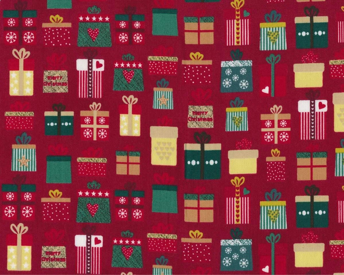 Patchworkstoff CHRISTMAS FOR FRIENDS, Geschenke, dunkelrot-tannengrün