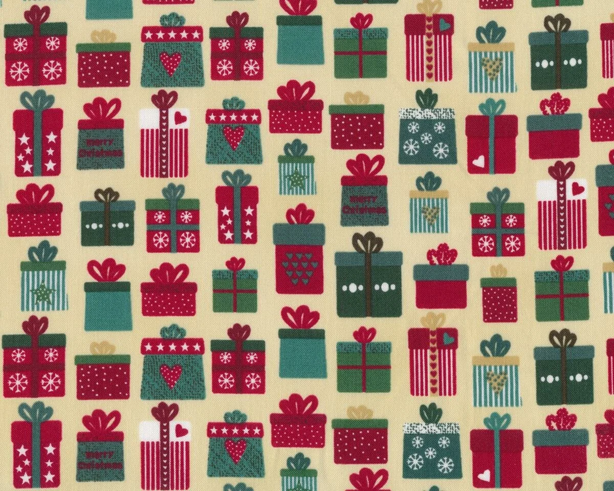 Patchworkstoff CHRISTMAS FOR FRIENDS, Geschenke, hellbeige-dunkelrot