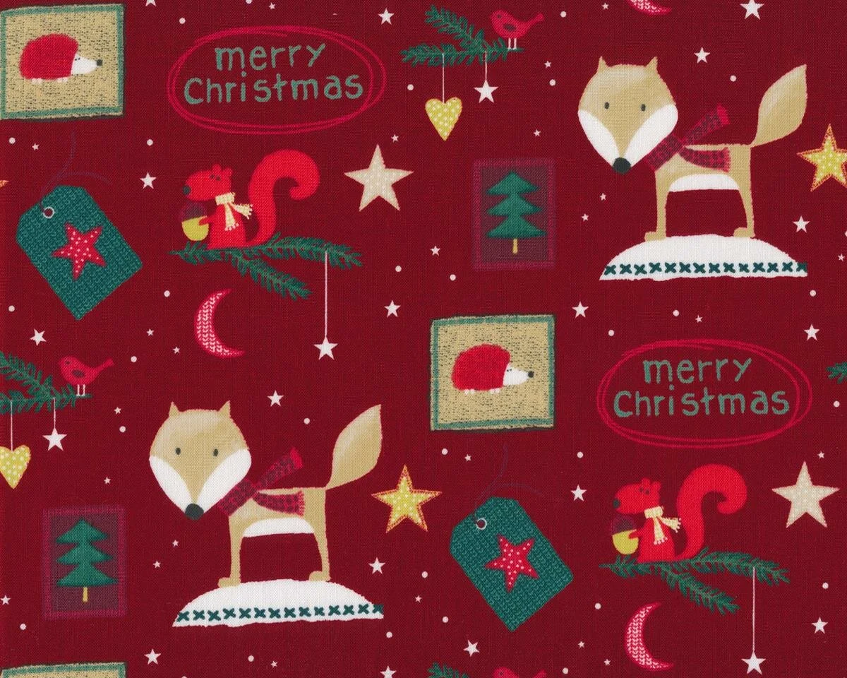 Patchworkstoff CHRISTMAS FOR FRIENDS, Weihnachtsfuchs und Eichhörnchen, dunkelrot-beige