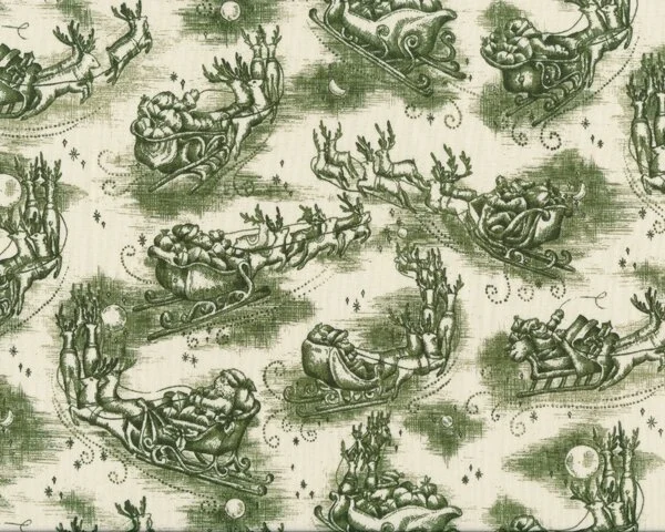 Patchworkstoff CHRISTMAS IN THE WOODS mit Rentierschlitten, olivegrün-creme