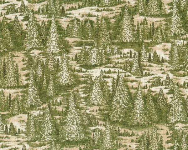 Patchworkstoff CHRISTMAS IN THE WOODS mit Tannenwald, olivegrün-hellbeige
