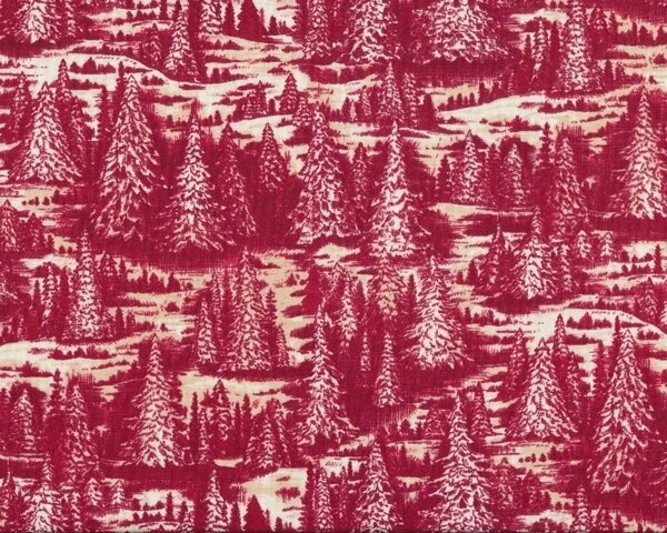 Patchworkstoff CHRISTMAS IN THE WOODS mit Tannenwald, weinrot-hellbeige