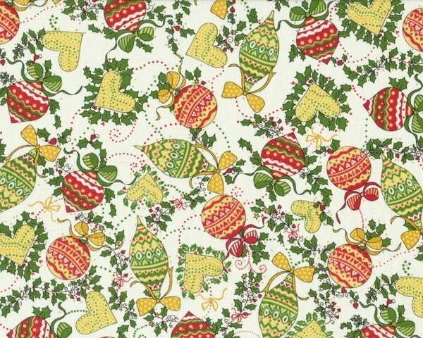 Patchworkstoff "Christmas Ornaments" mit Christbaum-Schmuck, rot-grün-pastellgelb