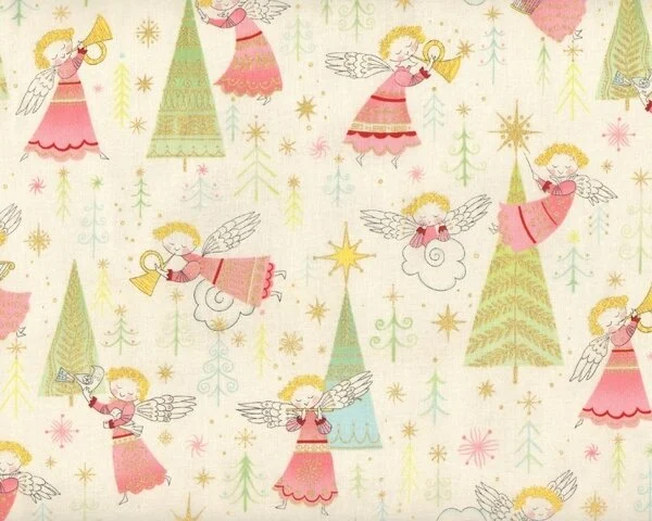 Patchworkstoff CHRISTMAS TIME mit süßen kleinen Engeln, creme-hellgrün-altrosa-gold metallic