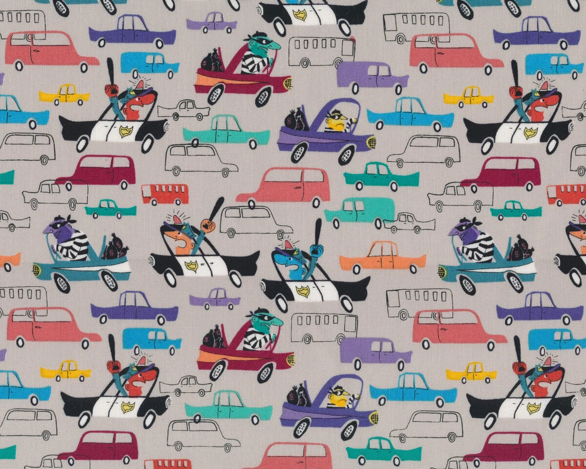 Patchworkstoff COPS & ROBBERS, Polizei jagt Ganoven, natur dunkel-lila