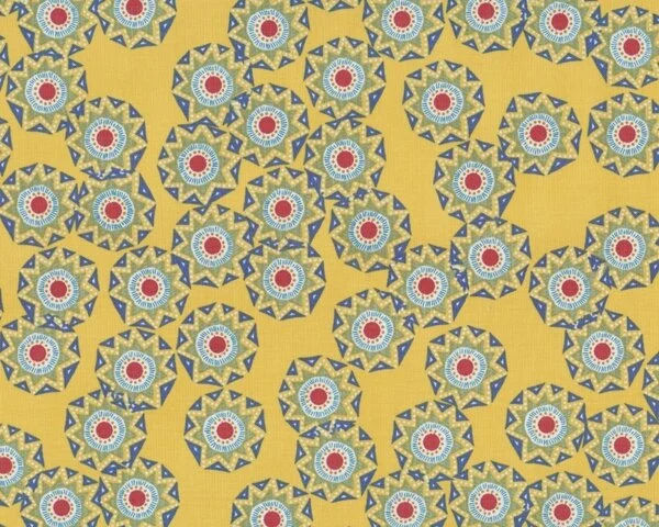 Patchworkstoff "Cosmos" mit Zacken-Kreisen, stumpfes gelb-gedecktes blau