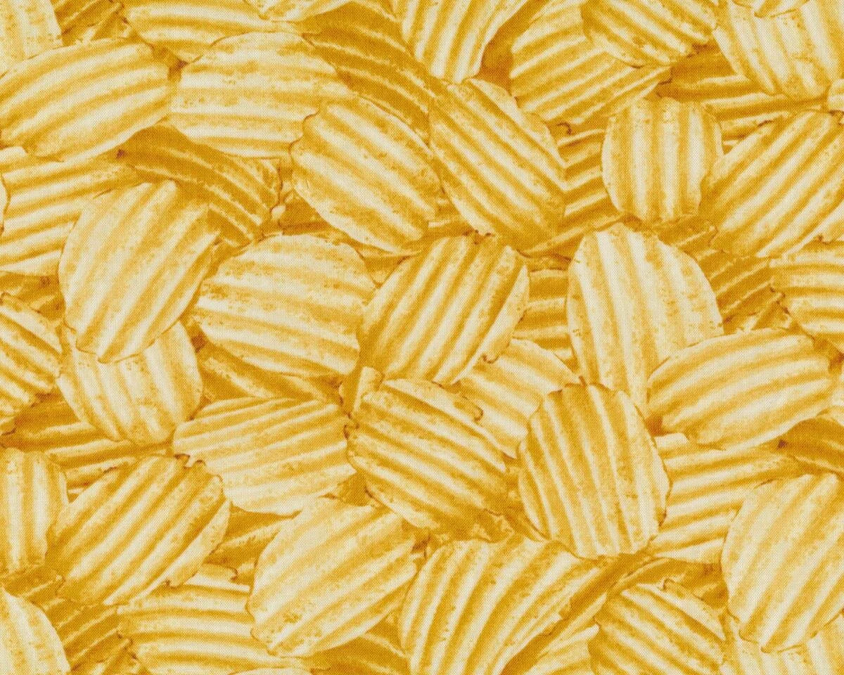 Patchworkstoff CRAVINGS, Kartoffelchips, goldbraun-senfgelb
