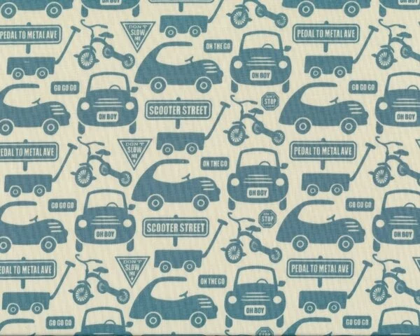 Patchworkstoff "Cruiser Boulevard", Autos-Scooter und Dreiräder, gedecktes türkis-creme