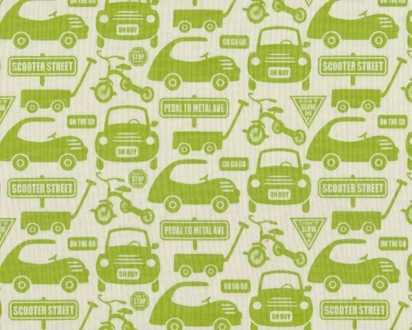 Patchworkstoff "Cruiser Boulevard", Autos-Scooter und Dreiräder, helles apfelgrün-creme