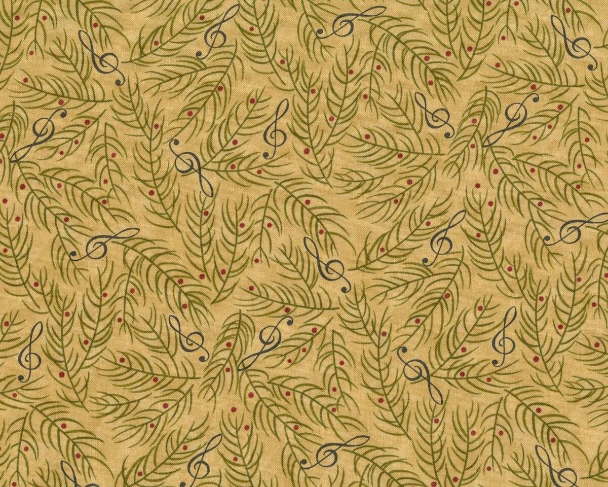 Patchworkstoff DELIGHTFUL DECEMBER, Tannenzweige und Noten, sandfarben-olivgrün, Moda Fabrics