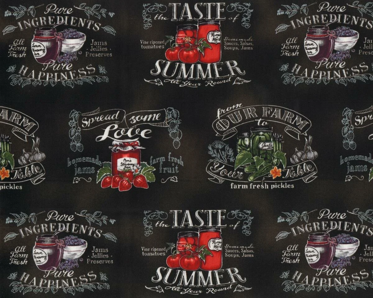 Patchworkstoff DOWN ON THE FARM, Einweckgläser und Schrift, schwarz-dunkelrot