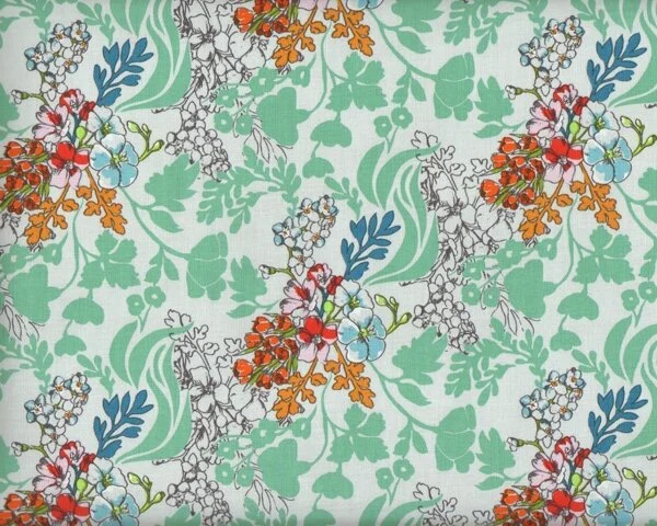 Patchworkstoff DOWRY, Blüten-Wirrwarr, mintgrün-orange