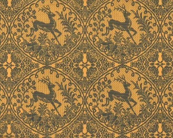 Patchworkstoff DOWRY, Gobelinmuster mit Hirsch, gedecktes maisgelb-schwarz
