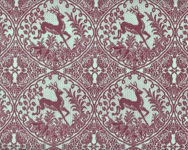 Patchworkstoff DOWRY, Gobelinmuster mit Hirsch, helles türkis-gedecktes weinrot