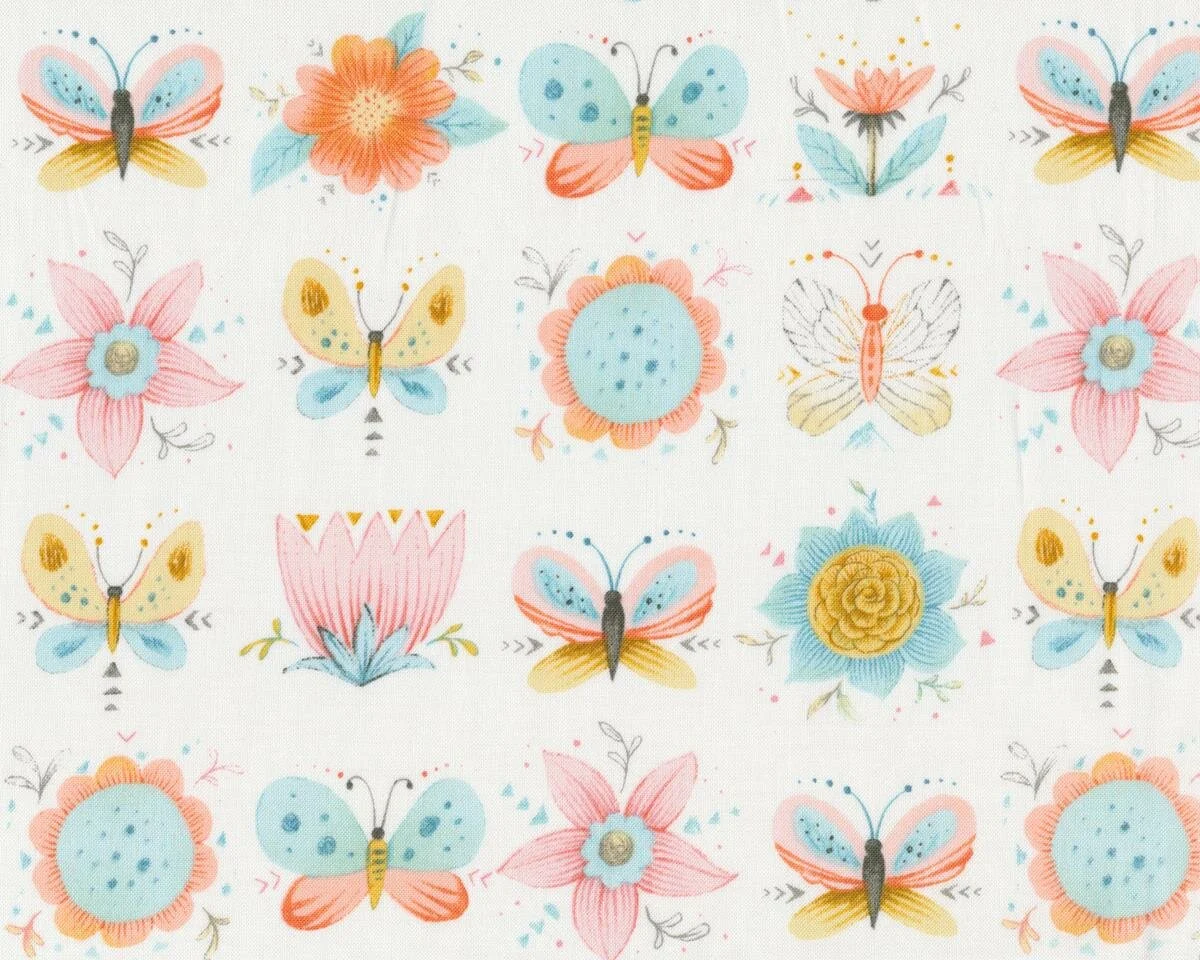 Patchworkstoff DREAM CATCHERS, Schmetterlinge und Blumen, wollweiß-helles türkis