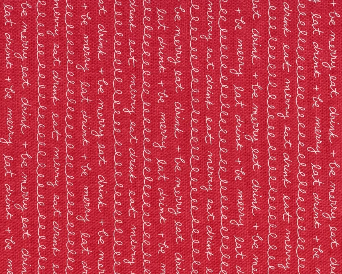 Patchworkstoff EAT, DRINK & BE UGLY, Schreibschrift-Reihen, rot-gebrochenes weiß, Moda Fabrics