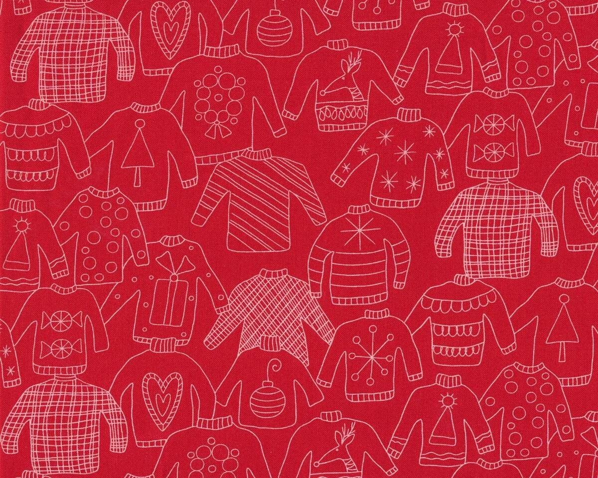 Patchworkstoff EAT, DRINK & BE UGLY, Weihnachtspullover, rot-gebrochenes weiß, Moda Fabrics