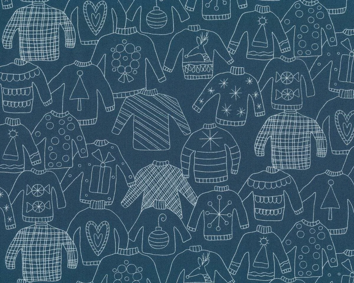 Patchworkstoff EAT, DRINK & BE UGLY, Weihnachtspullover, stumpfes dunkelblau-gebrochenes weiß, Moda Fabrics