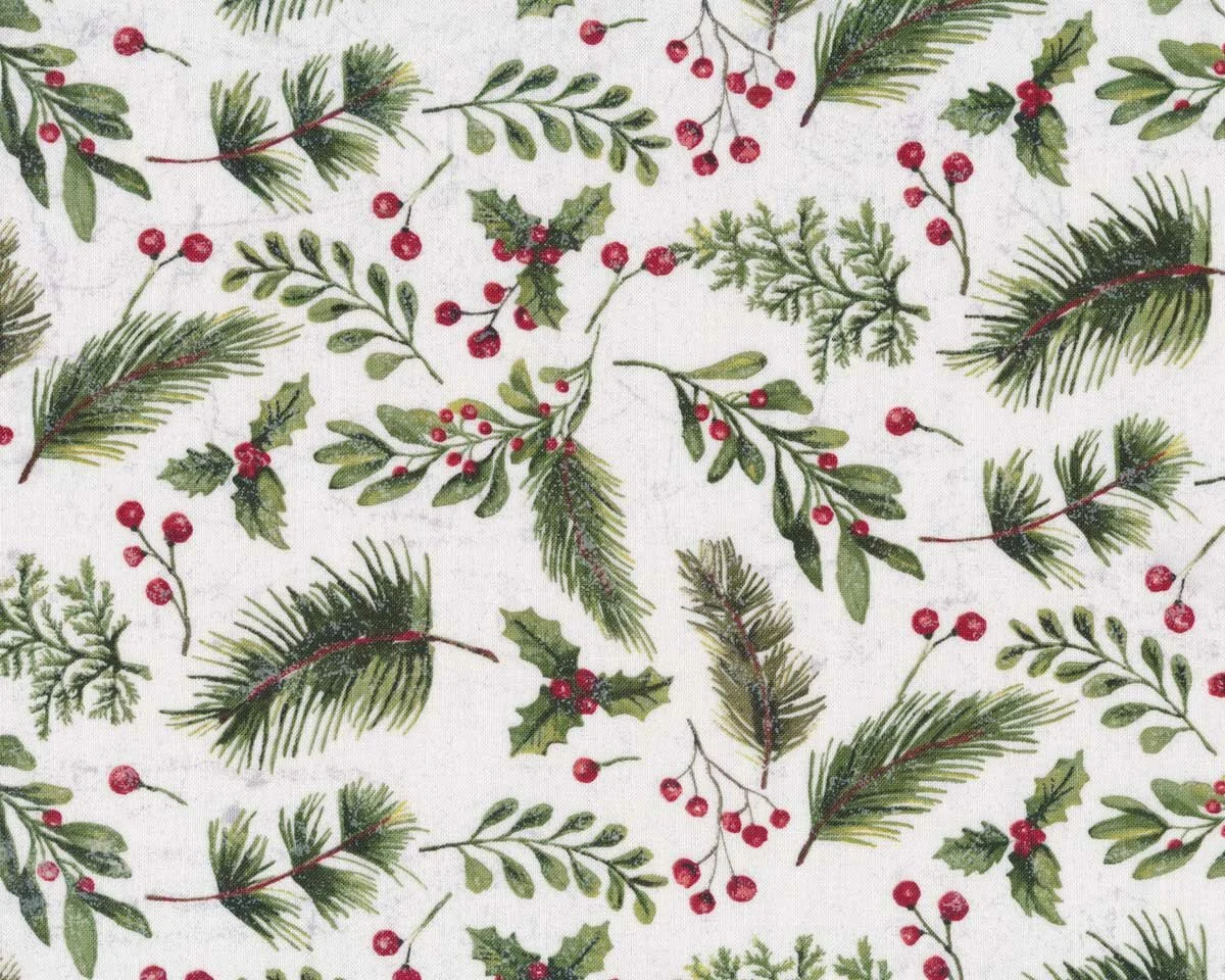 Patchworkstoff ECLECTIC ELEMENTS YULETIDE, Tannengrün, weiß, Tim Holtz