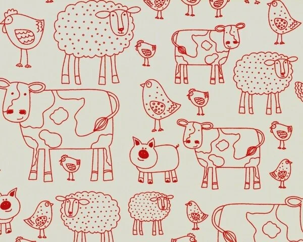 Patchworkstoff "Farm" mit Bauernhof-Tieren, natur-dunkelrot