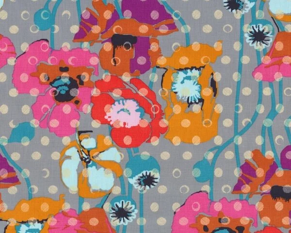 Patchworkstoff "Field Study" mit Klatschmohn und Punkten, pink-orange-grau
