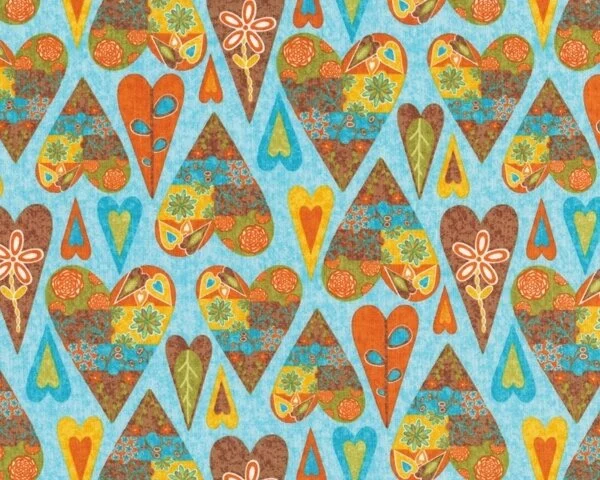 Patchworkstoff "Finally Free" mit bunten Herzen, terracotta-türkisblau