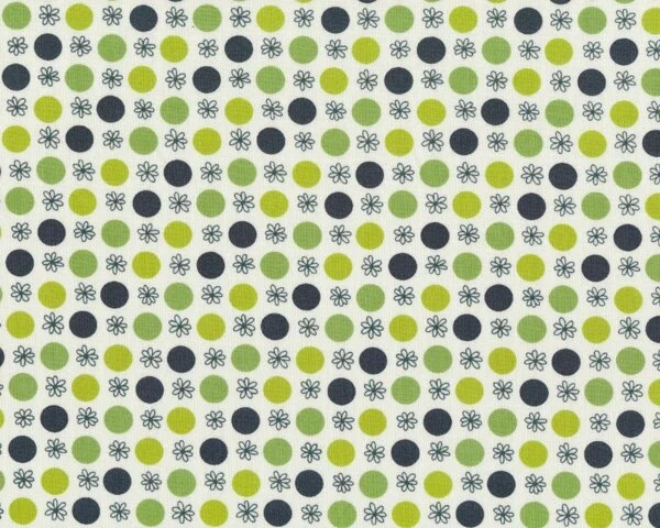 Patchworkstoff "Flea Market Fancy", große Punkte und Streublümchen, hellgrün-apfelgrün