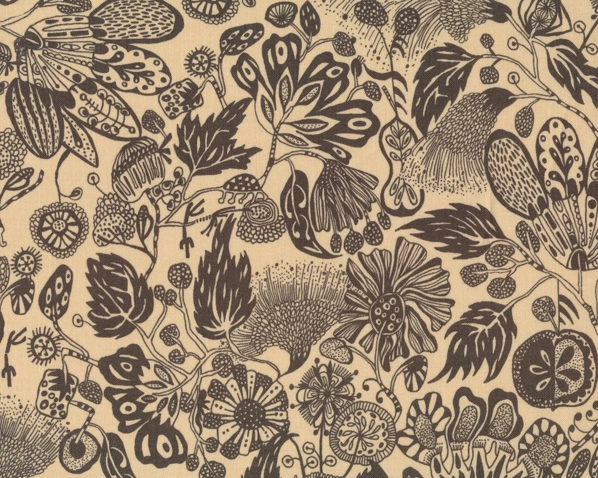 Patchworkstoff FLORAL WATERFALL, Blütengrafik, beige-dunkelbraun